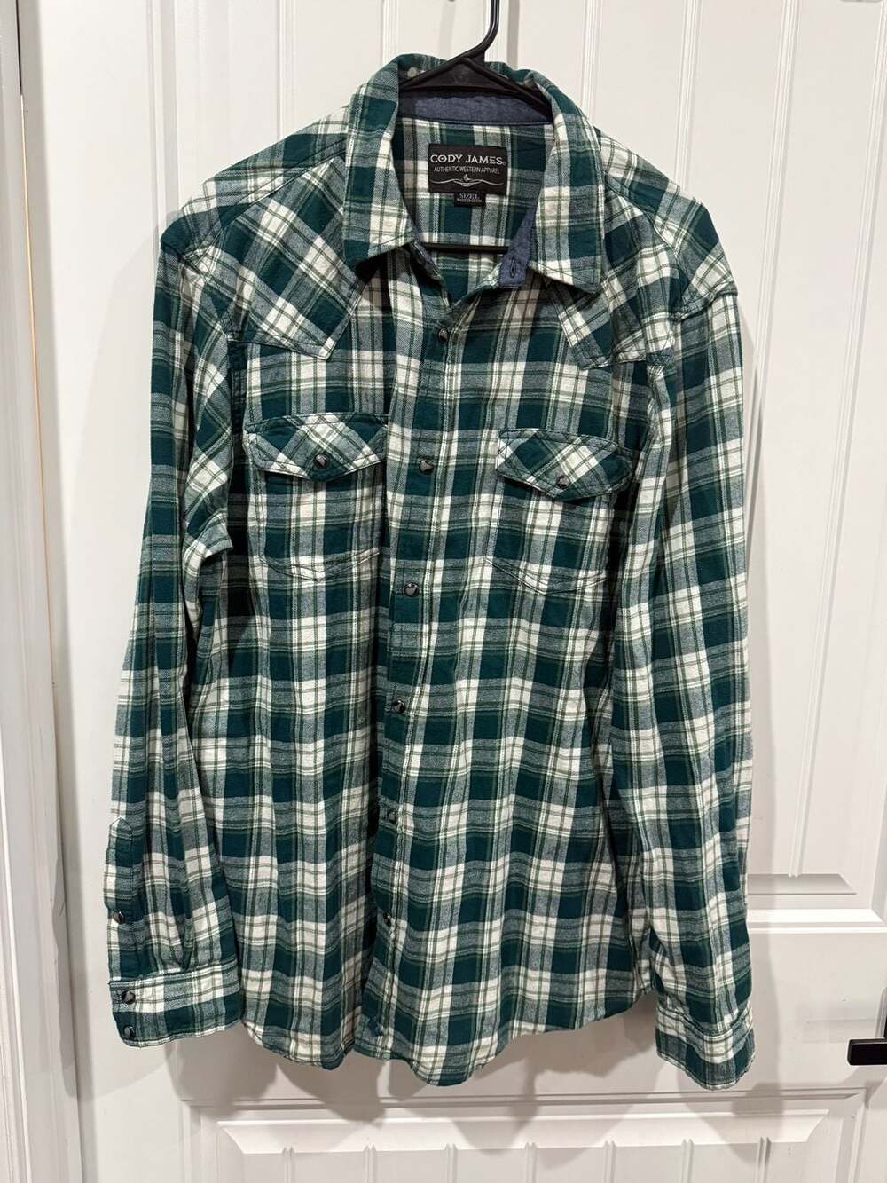 Cody James Men’s L Green Plaid Western Flannel Pearl Snap Cowboy Shirt - Picture 2 of 8